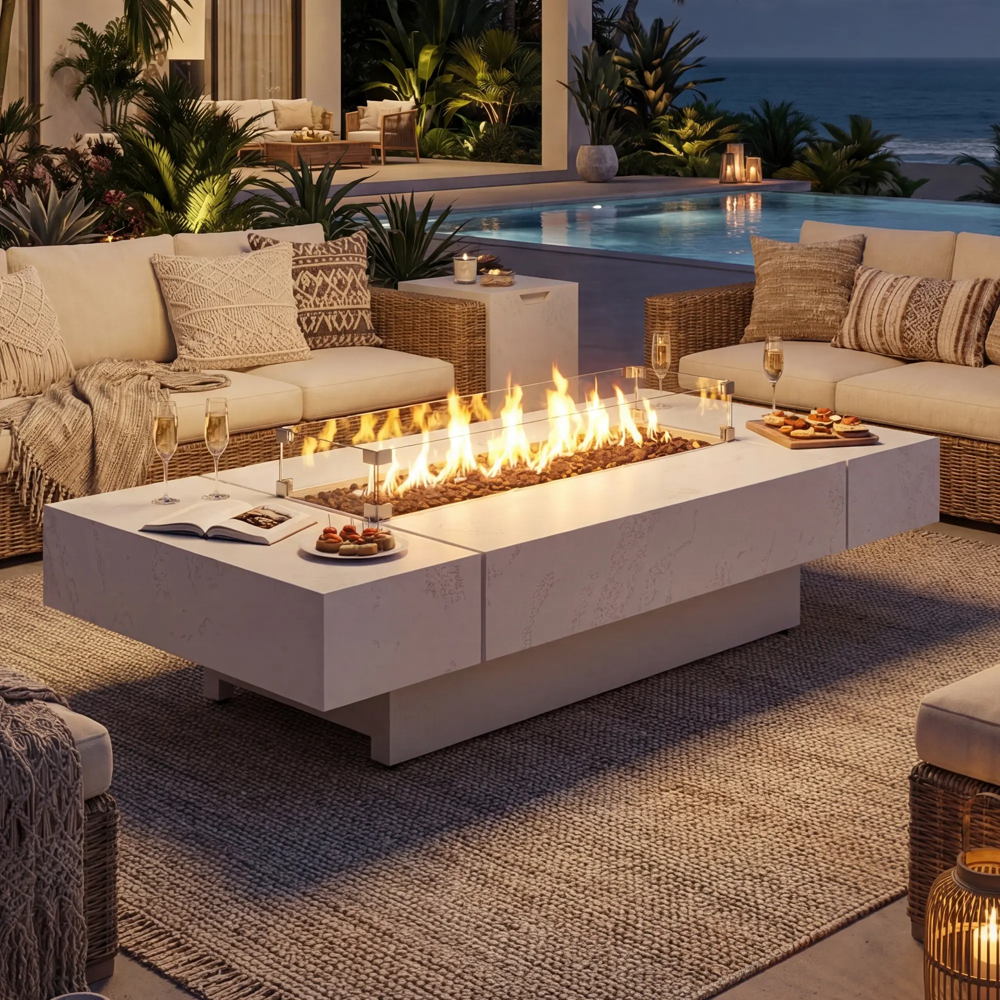 FUFU&GAGA 71.7 Inch Outdoor Propane Fire Pit Table with Separate Tank Storage Cabinet, 60000 BTU Rectangular Gas Fire Table with Tempered Glass Wind Guard for Patio Backyard