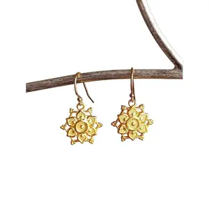 Gold Tone Lotus Earrings E 1697 - 14k Gold Filled Ear Wire, 1" Length, Female Hook Earrings with Delicate Lotus Motifs