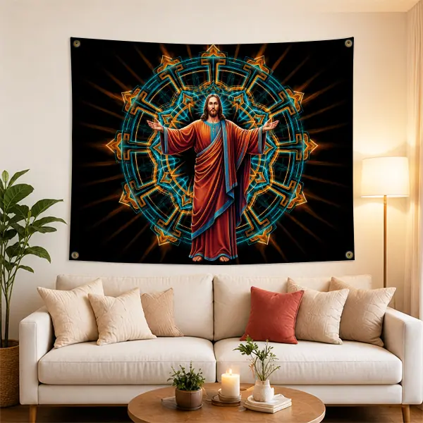 Jesus Christ Portrait Printed Polyester Hanging Wall Tapestry - Sacred Geometry Religious Artwork, Neon Glow Home Decor, Everyday Decoration for Bedroom, Prayer Room