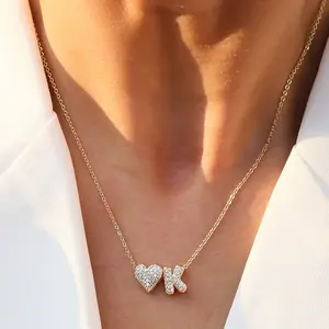 Cute Bubble Letter Necklace Balloon Initial Name Necklaces for Women Dainty Gold Initial Charm Pendant 14K Gold Plated Trendy Chunky Jewelry Gift