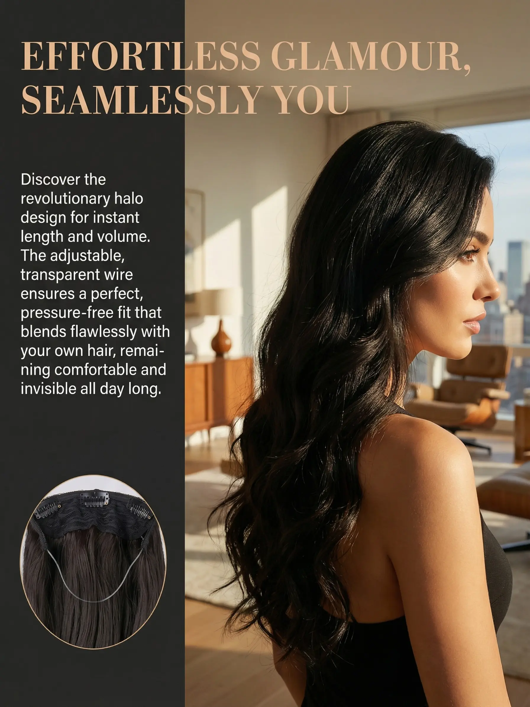 Soul Special Wavy Halo Hair Extensions for Women, 16-24 Inch Black Synthetic Piece with Adjustable Invisible Line for Secure Wear, Casual Hairstyle Ideas & Affordable Fashion, Wear All Day Light