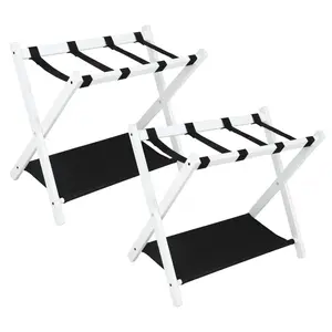 Babion Folding Luggage Rack for Guest Room 2 Pack, luggage Racks for Suitcase Stand with Nylon Straps, Luggage Stand Double Tiers Bamboo Luggage Holder for Bedroom,Hotel, No Assembly On-Site
