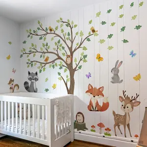 A set of four hand-painted wall stickers featuring big trees and animals, creative home decoration stickers, self-adhesive, B16032-YJ