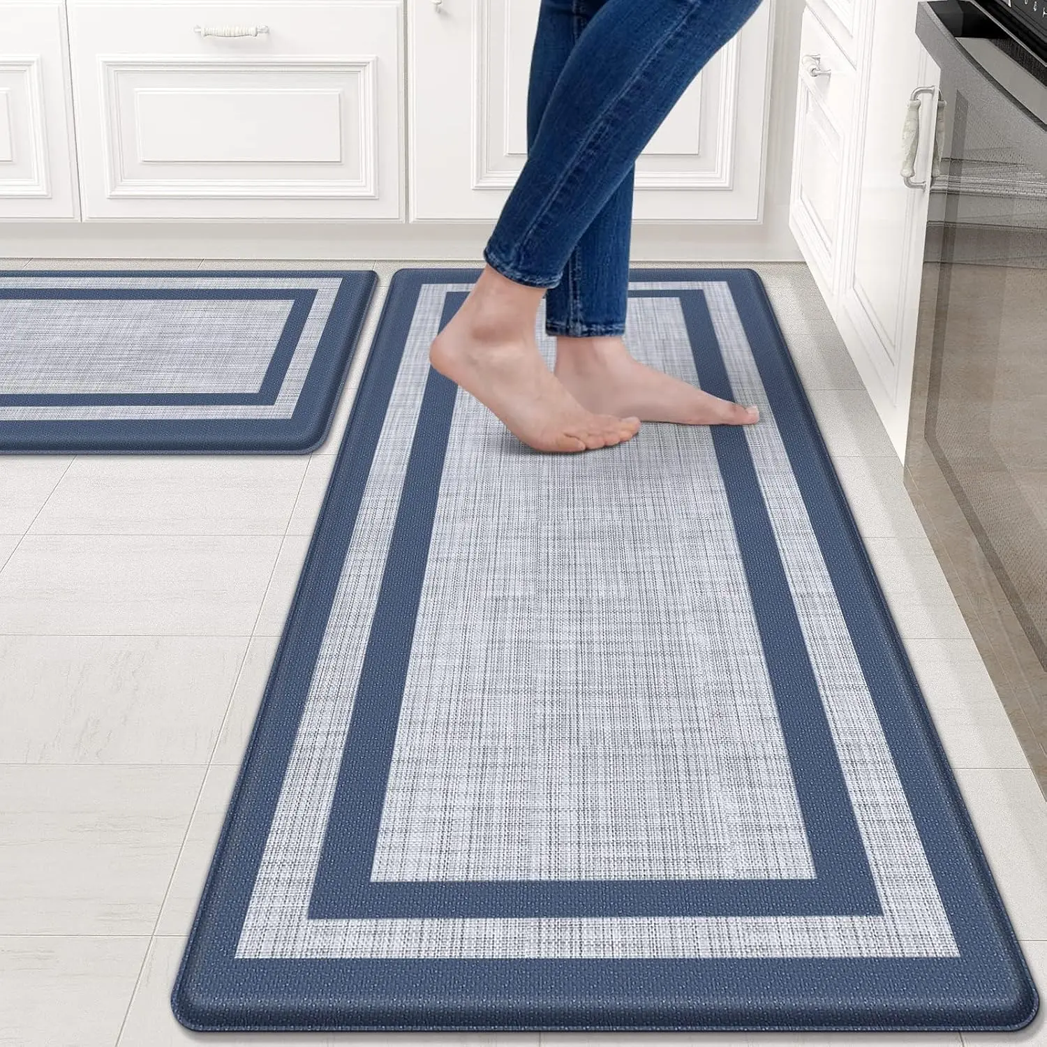 2Pcs Anti‑Fatigue Kitchen Floor Mats, Waterproof Non‑Slip Ergonomic Comfort Standing Runner Rug for Sink Laundry Room, 17.3"x47"+17.3"x29"