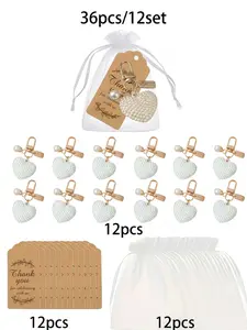 36 Large Heart Keychains Bulk Pack, Wedding Favors, Bride Gift Set, Anniversary Party Metal Keyrings, Includes 12 Keychains + 12 Cards + 12 Cloth Bags