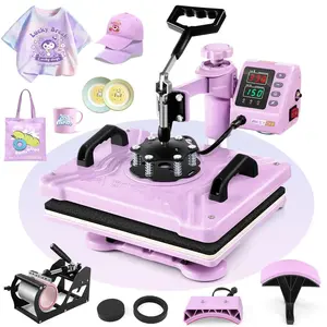 Purple Pink Heat Press Machine 5 in 1 for Tshirts, Heat Transfer Machine, 15''x12'' Heat Printing Press for Sublimation Combo with 360° Swing Away for Hat Cap Mug Plate,Christmas Gifts for DIY Lovers,Mother's Day Gifts