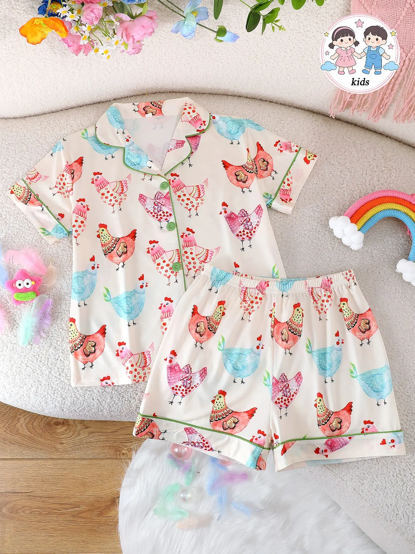 2-Piece Summer Kids Pajama Set, Button Front Short Sleeve Cardigan & Elastic Shorts, Soft Fabric, Cartoon Chicken Print, All Seasons, Cartoon Pattern Pajamas, Cartoon Print Sleepwear, Summer Pjs