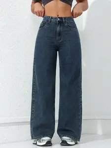 Vintage Deep Blue Solid High-Waisted Wide-Leg Jeans for Women, Loose Fit Slimming Straight Leg Pants, Casual Office Style Long Trousers