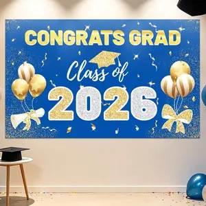 70.8"x43.3" 2026 Graduation Backdrop Blue Gold Congrats Grad Banner, Polyester Photography Background for Class of 2026 Grad Party & Sign Wall Decorations