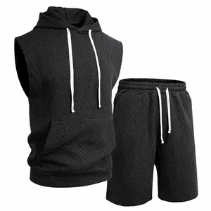 Men’s Sleeveless Hoodie Shorts Set, 2-Piece Outfit, Hooded Tank Top with Drawstring Shorts, Summer Casual Gym Workout Streetwear, Breathable Lightweight Athletic Leisure Set