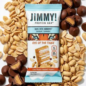 JIMMYBAR! Eye of the Tiger Caramel Chocolate Nut Bar - 25g Protein, Turmeric, Gluten-Free, Real Peanuts, Hand-Drizzled Chocolate, 12 Bars, Turmeric-Infused Real Food Protein Snacks, Twelve Bars, 6g Sugar, Plant-Based Caffeine