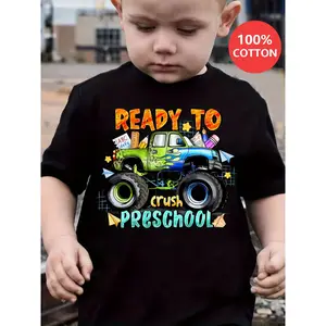 Ready to Crush Preschool" – Cartoon Truck Tee for Boys, 100% Cotton, Round Neck Short Sleeve, Confident Summer Top for Little Rockstars