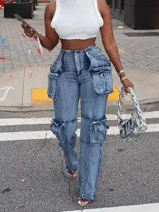 Women's Fashion Patchwork Multi-Pocket Long Pants, Casual Style with Flounce Hem Design, Perfect for Daily Wear &