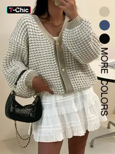 Women's V-Neck Long-Sleeve Sweater Cardigan, Thick Knit Loose-Fit Colorblock Design, Casual Fashion Outerwear for Fall and Winter