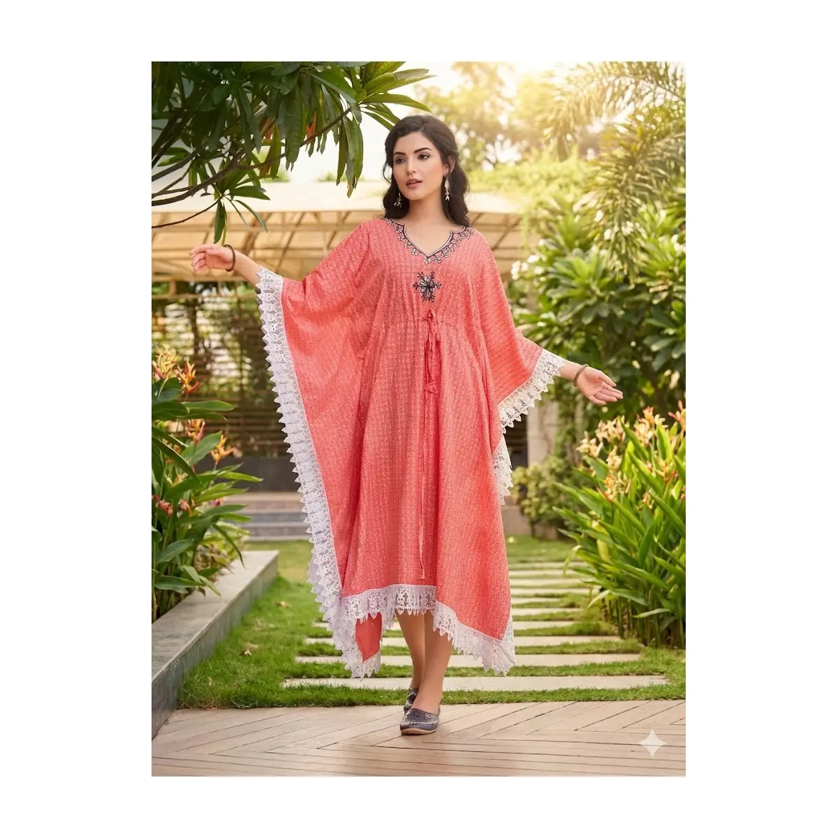 KF-203 Coral Lace-Trim Kaftan Dress with Embellished Neckline