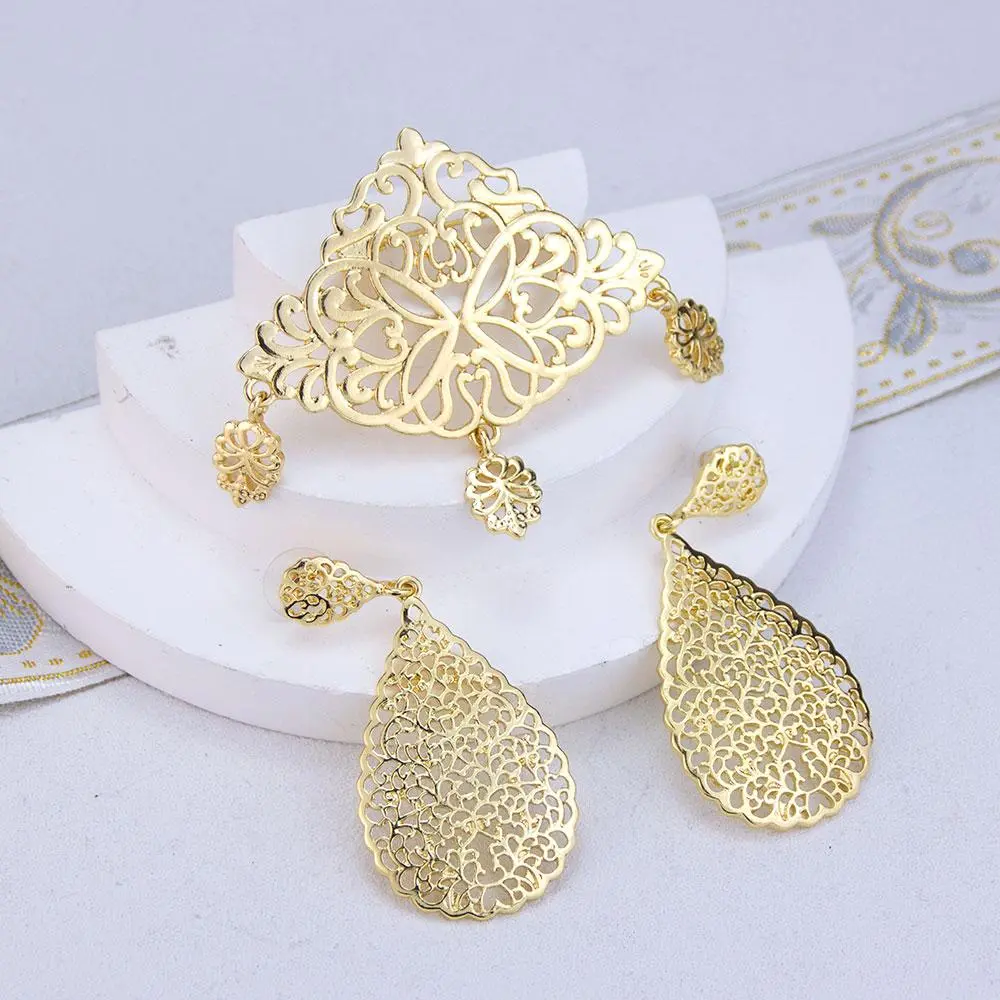 Sunspicems Gold Color Arabic Women Brooch Earring Sets Morocco Bridal Wedding Jewelry Set Hollow Arabesque