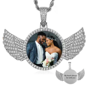 Angel Custom Necklace For Men Women , Picture Necklace Personalized Photo Pendant With Engraving Text, Custom Memorial Pendant Cubic Zirconia,Big Round Size-1.8 * 2.5in Wing Engraved