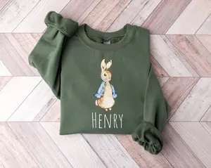 Personalized Bunny Name Sweatshirt Cute Easter Rabbit Graphic Sweatshirt Custom Name Bunny Shirt Kids Easter Gift Peter Rabbit Style Bunny Sweatshirt