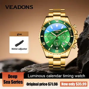 【TikTokShopStockUp】Veadons Men's Luxury Dress Watch, Green Dial, 40mm Stainless Steel Strap, Rotating Quartz Analog, Waterproof Luminous Large Dial Boss Wristwatch summer business