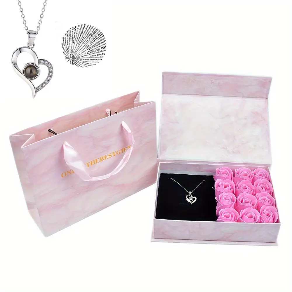 1 Set Soap Flower Gift Box with Heart Shaped Necklace Set, Preserved Rose Gift for Mom Girlfriend Women, 100 Languages I Love you Design Necklace for Anniversary