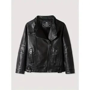 Kids' Faux Leather Biker Jacket, Black Zip-Up Moto Coat for Toddlers & Little Kids