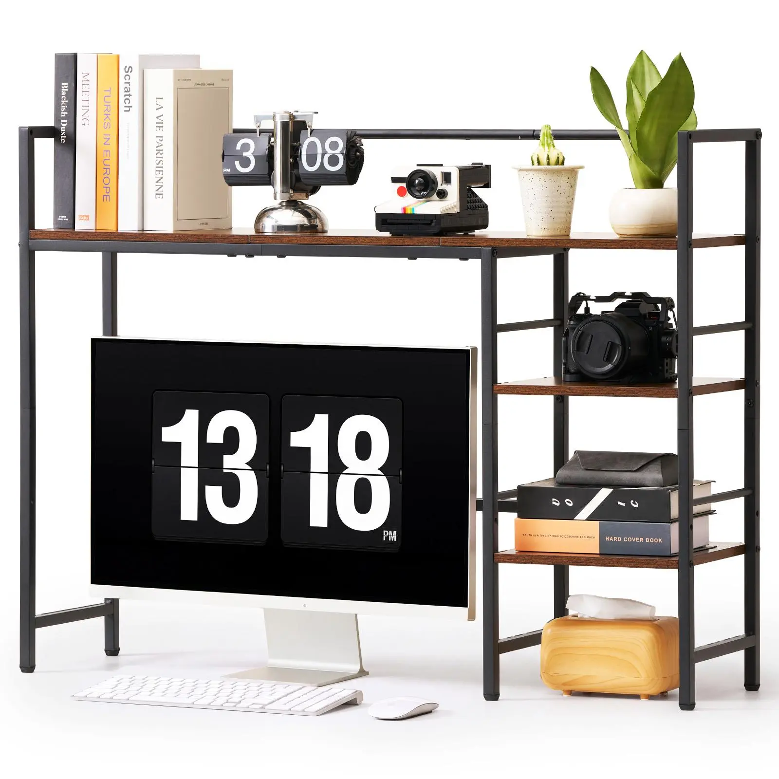 VEVOR Desktop 4-Tier Rectangular Desk Hutch, Single Unit Countertop Storage Shelf with Metal Frame, Wooden Shelves, Non-Slip Feet Pads, Multipurpose Organizer for Home Office