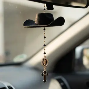 Faith Charm - cowboy hat with Virgin Mary charm . black cross hanging charm Car Hanging Decoration