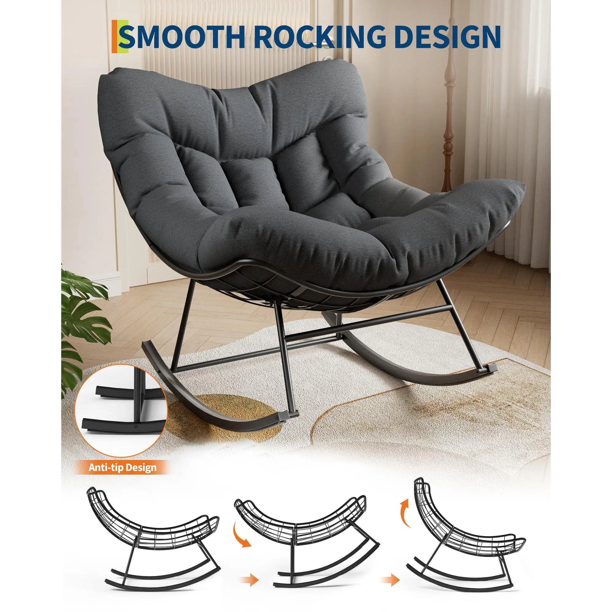 YJ- Rocking Chair with Sturdy Metal Frame, Outdoor Papasan Rocking ...