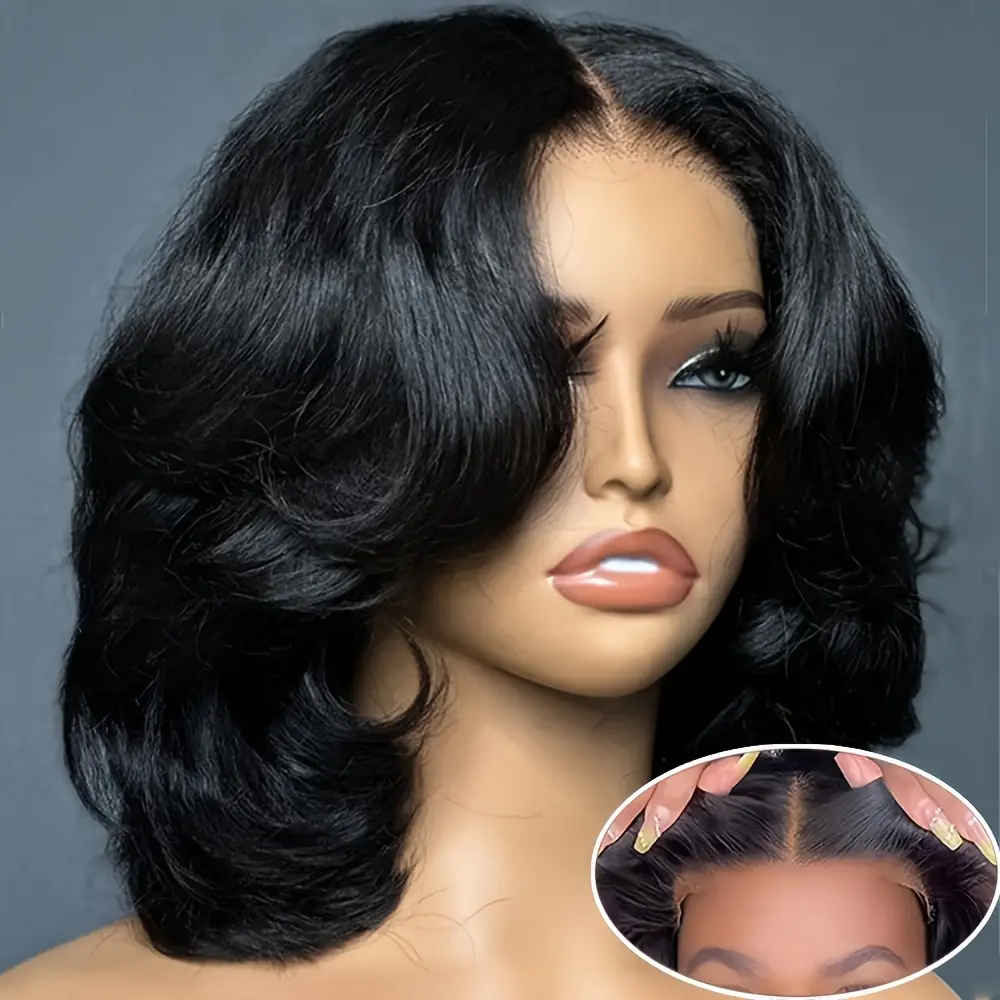 Wavy Glueless Wear & Go Human Hair Lace Closure Wig - 4x4 HD Pre-Plucked Lace Front, Natural Black Body Wave Wig for Women, All Ethnicities Fashion Accessory, Wavy Glueless Wig
