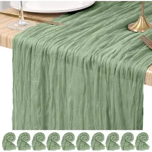 10 Pack Cheesecloth Table Runner Sage Green, Rustic Boho Gauze Fabric Table Runner Romantic Table Runner for Wedding, Festival, Birthday, Anniversary, Dinner and Outdoor Events (17.7 x 108 inch)