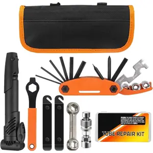 Bicycle Repair Bag With Tire Pump, Portable Tool Kit for Camping Travel - Bike Glueless Patches, Maintenance Essentials All in One Safety Kit
