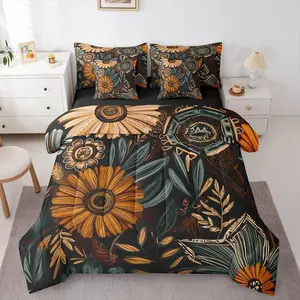 Boho Floral 7 Piece Bedding Set,Retro Aesthetic Flower Bed in A Bag for Kids Girls Teens Women Vintage Bohemia Botanical Comforter Set,Modern Abstract Tropical Leaves Bed Sets