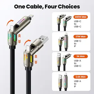 Toocki 4-in-1 Data Cable TQ-X103 240W 480Mbps USB C to Lightning Cable 6.6FT for iPhone MacBook Samsung Switch 2 Multi Chargers with RGB Light Port Charging
