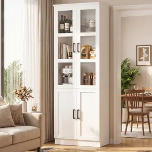 79.7" Tall Kitchen Pantry Storage Cabinet, Freestanding Kitchen Hutch Cabinet with Tempered Glass Doors, Modern Display Bookcase with Adjustable Shelves for Living Room, Dining Room