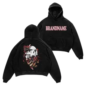 Vintage Washed Black Hoodie with Skull & Money Graphic Heavyweight Cotton Fleece Pullover Unisex Streetwear Top for Autumn Y2K Grunge Style