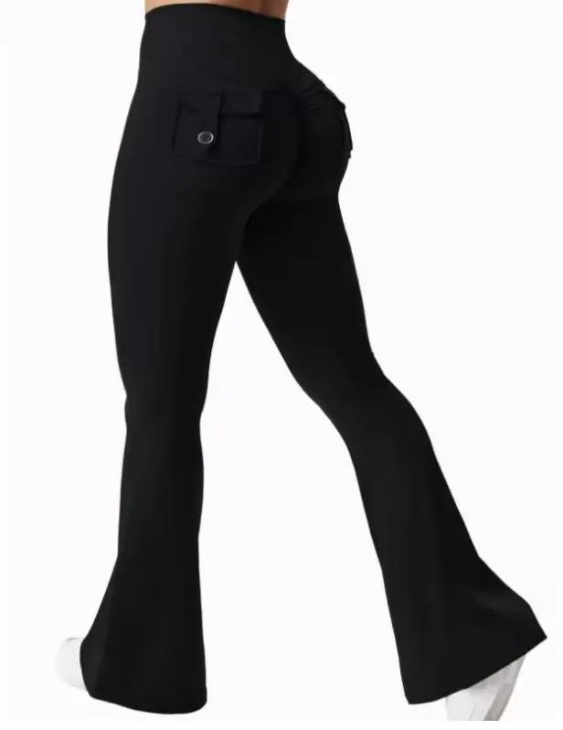 Women's Solid Color Sports Flared Leggings, Sporty Comfy With Pockets On Back
