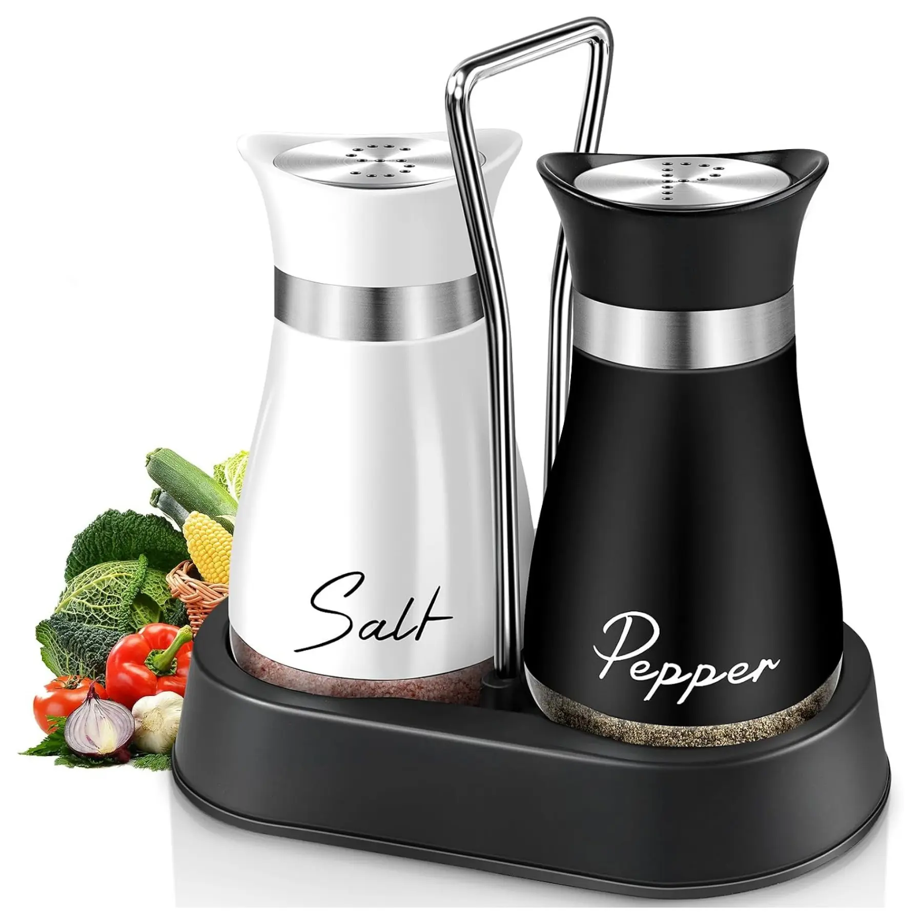 4 oz Salt and Pepper Shakers Set, Stainless Steel Salt Shaker, Farmhouse Salt Pepper Shaker Containers with Glass Bottom for Kitchen Gadgets Cooking Table, BBQ, Bar, RV, Camp (Black&White)