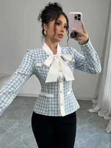 Elegant Plaid Blazer Jacket for Women, High-Quality Polyester, French Style, Casual Tea Party Wear, Perfect Gift