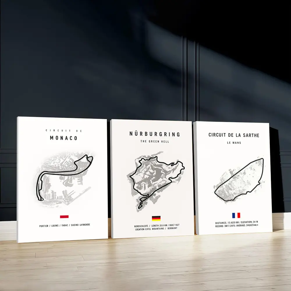 3pcs Monaco Race Wall Art, Nurburgring Track Poster, Le Mans Circuit Art Prints, Canvas Art And Prints For Walls, Classic Races Home Decor, Canvas Posters Wall Arts, Housewarming Gift, With Frame, Modern Minimalist Design