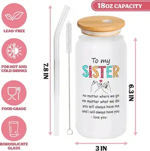 Cute Drinking Jar Gift for Women Sister Aesthetic Glass Cup with Lid Straw Reusable Mason Jar Tumbler Birthday Gift Idea for Bestie Everyday Drinkware 6.3 x 2.9 inch