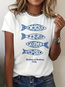 Italian Sardinian Sardine Pattern Printed T-shirt Short-sleeved Round-neck Casual Top Spring/summer Women's Clothing
