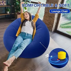 Blue Adult Inflatable Soft Bean Bag Chair Set with Foot Pump, Indoor and Outdoor Use, Portable Lounger Sofa for Movie Night Camping Living Room