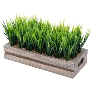 Artificial Green Grass Plant in Vintage Weathered Wood Planter Window Box, Plant Container