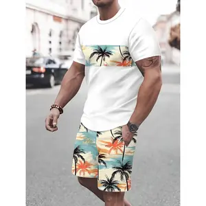 [Summer Tracksuit] Lightweight Summer Men's Tracksuit |   Crew Neck Short-Sleeve T-Shirt & Shorts Set, Black & Red Tropical 3D Palm Tree Print, Polyester Blend, Machine Washable, Poolside Attire | Relaxed Fit Apparel | Comfortable Knit