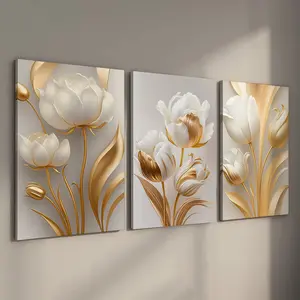 [Ready to Hang] 3Pcs Elegant Spring Floral Wall Art, Modern Abstract Artistic Flower Canvas Prints, Gallery Wrapped Botanical Decor for Living Room & Bedroom, Aesthetic Housewarming Gift Set