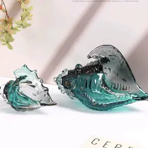 Hand Blown Glass Conch Statue,Glass Art Figurine,Coastal Home Decor with Sea Shells,Living Room TV Cabinet,Bookcase,Beach Decoration (Green Gradient)