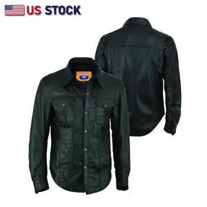 Highway HL10403BLACK Menswear Plain Casual Leather Motorcycle Shirt - Lightweight, Soft, Collared, With Pockets, For Western Biker Club Evenings