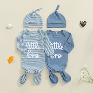 Newborn Baby Boy Knotted Gown and Hat Set Stripe Letter Embroidery Long Sleeve Round Neck Fall Winter Sleepwear
