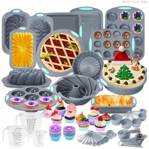 54/45 Pieces, Silicone Baking Pans Set, Silicone Cake Molds, Loaf Pan and Muffin Pans, Baking Cup, with Measuring Cups and Spoons Set, Kitchen Oven Bread Pan, Perfect for Banana Bread, Sandwich Bread, Pound Cake and MeatloafAB14Veloura Home