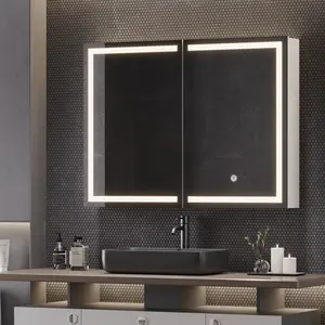 Hasuit Lighted Medicine Cabinet with Mirror, Wall Mounted Bathroom Mirror with Storage, 2 Doors Bathroom Wall Cabinet with LED Lights, 31.5'' x 23.6''